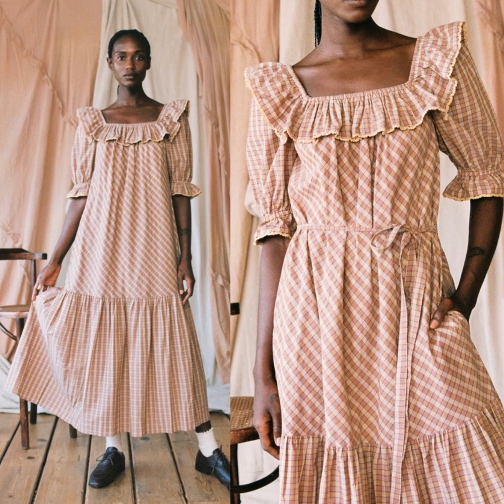 Christy Dawn The Maggie Dress S Chestnut Plaid Pink Orange Ruffle Women’s NWT
